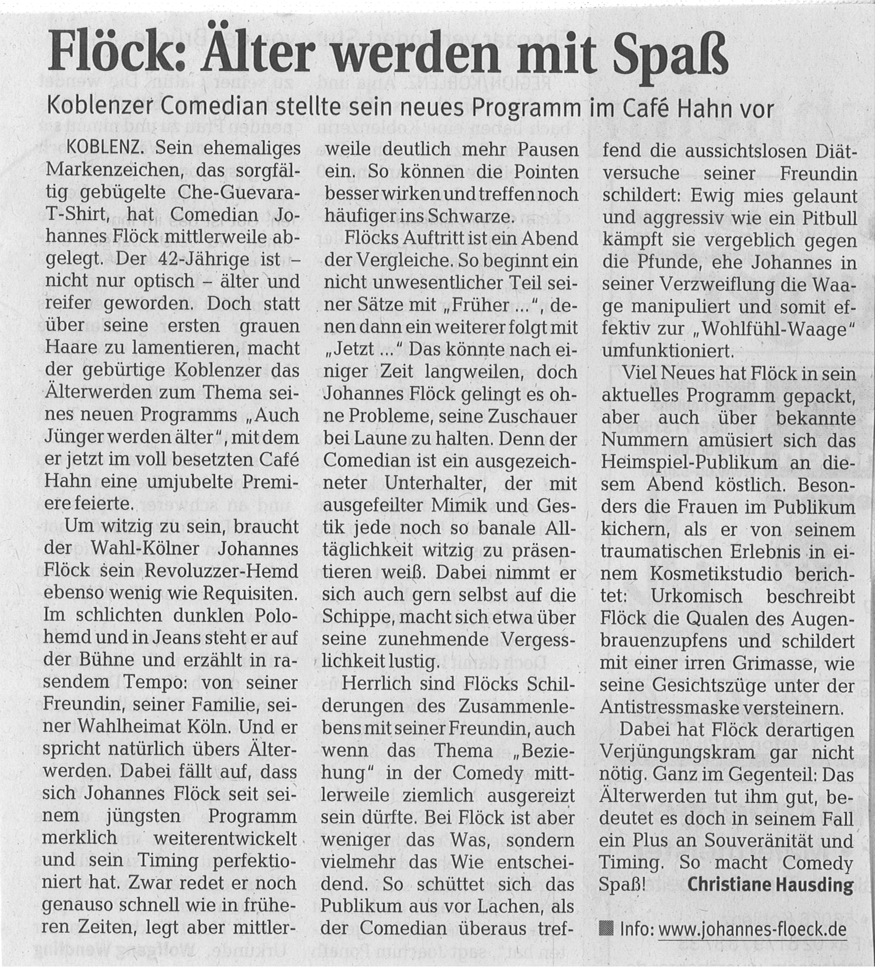 Rhein-Zeitungsartikel ber meine Premiere: AUCH JNGER WERDEN LTER